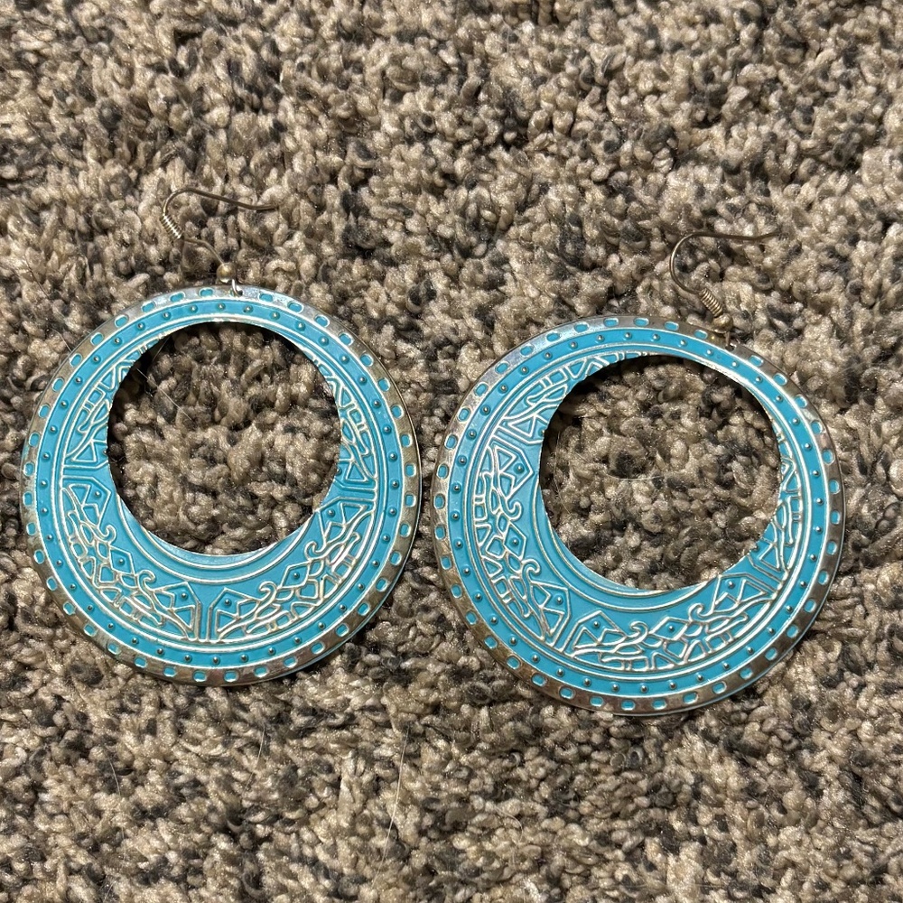 Vintage Blue and Silver Dangle Hoop Earrings